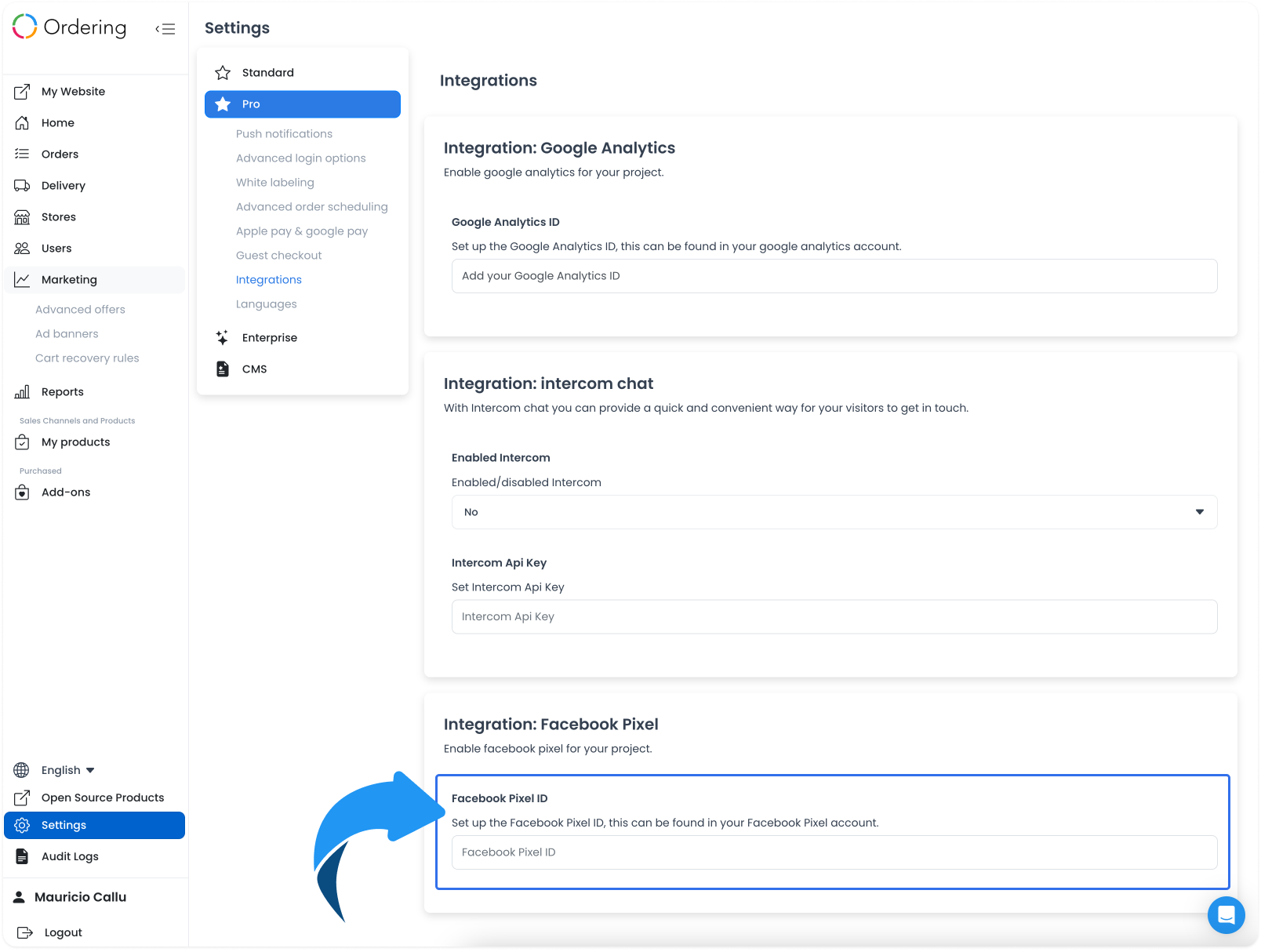 Facebook Pixel ID field on an earlier Integrations layout