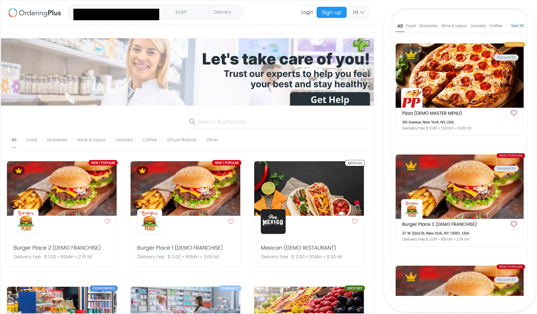 Available businesses for the delivery address