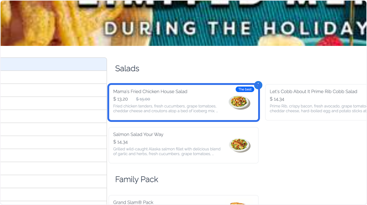 Store product grid with a selected salad product card