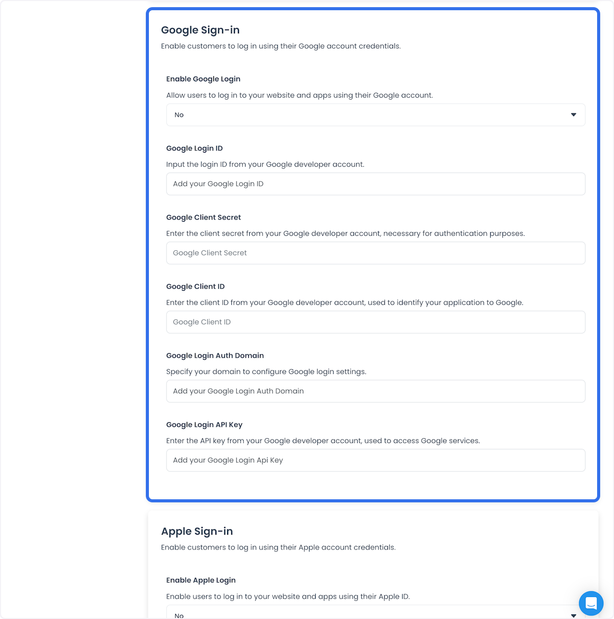 Social login options in settings