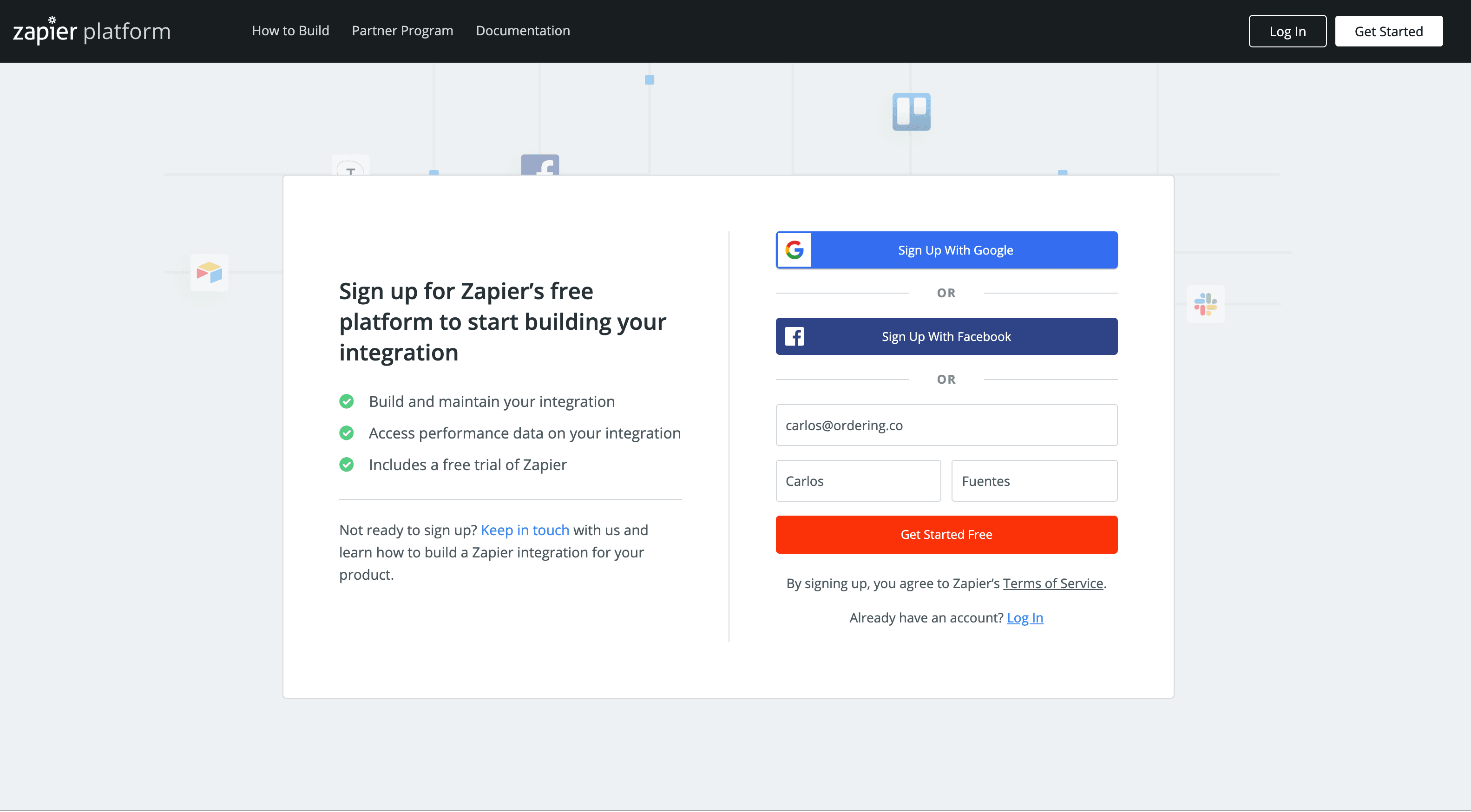 Zapier home page with Log in and Sign up