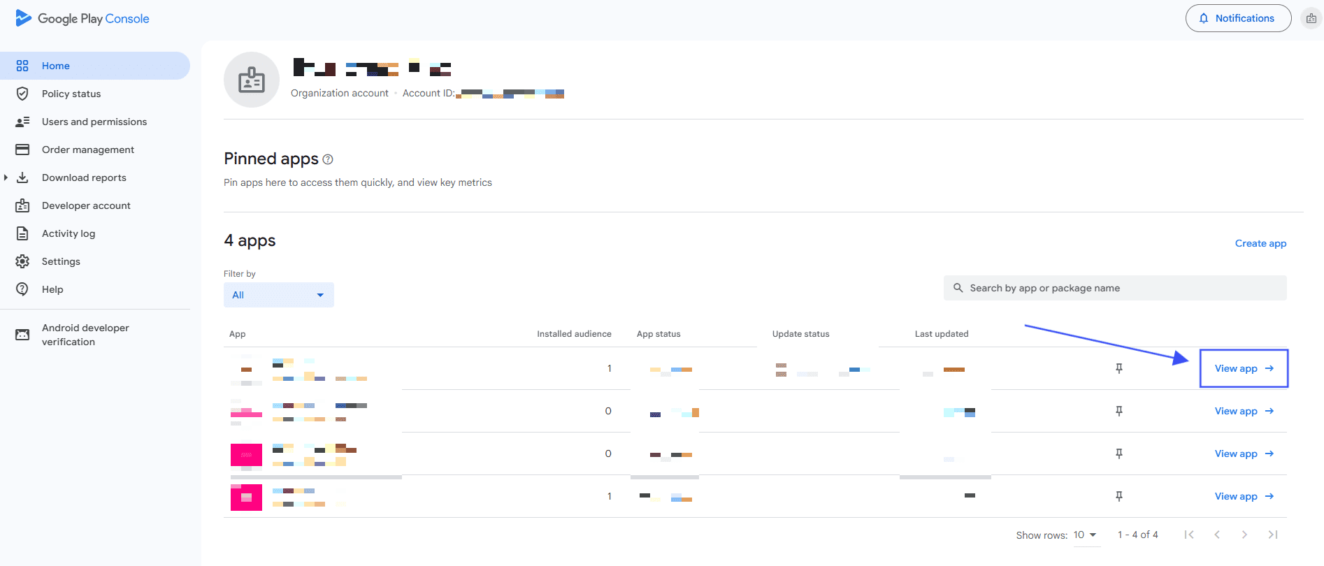 Open the app in Google Play Console