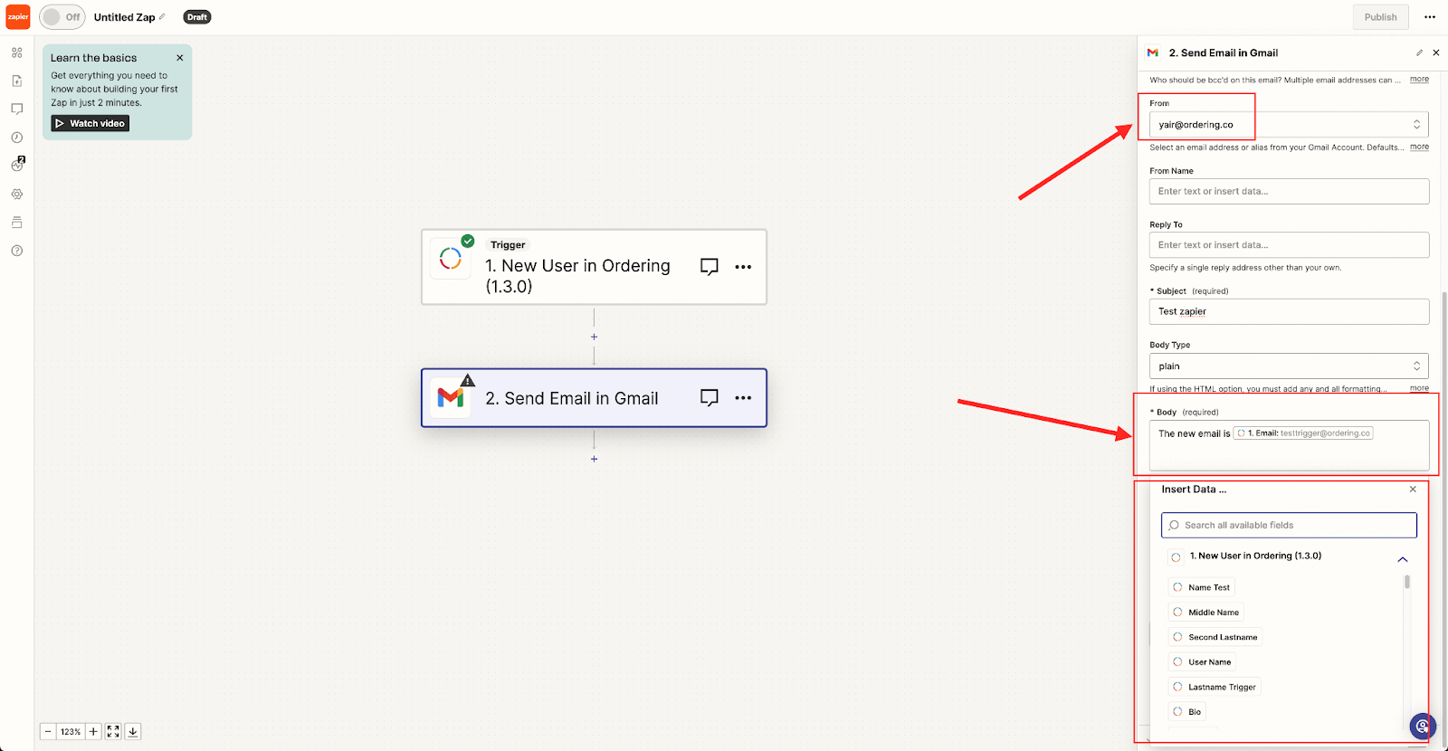 Gmail Send Email action with New User email mapped into the body