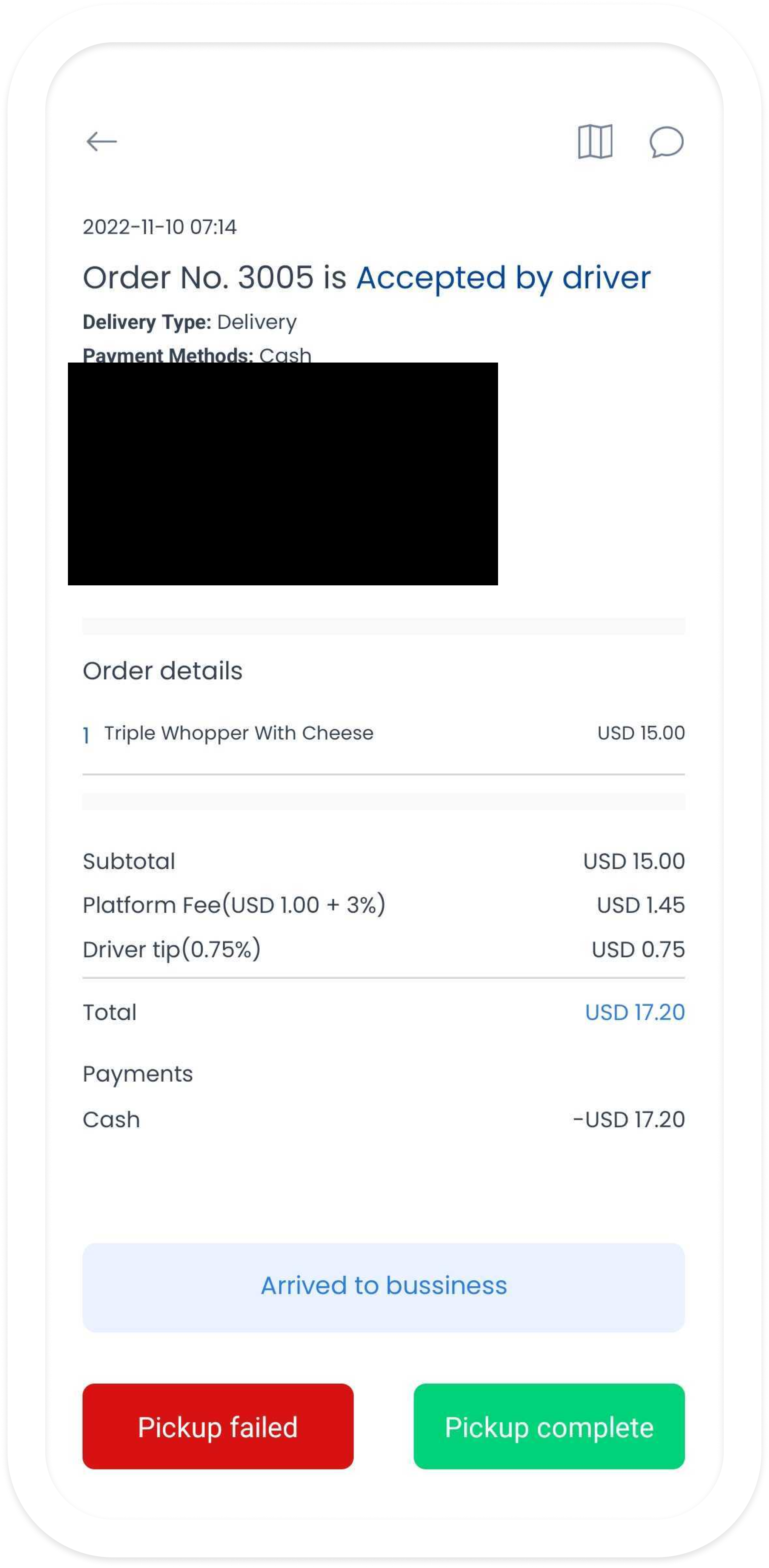 Pickup complete status