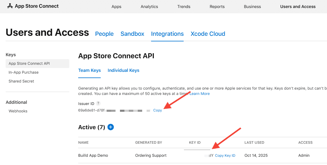 Download the API key and copy its identifiers