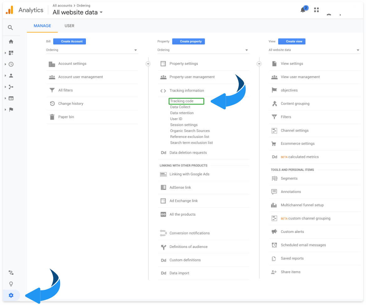 Google Analytics Admin with Tracking info and Tracking Code