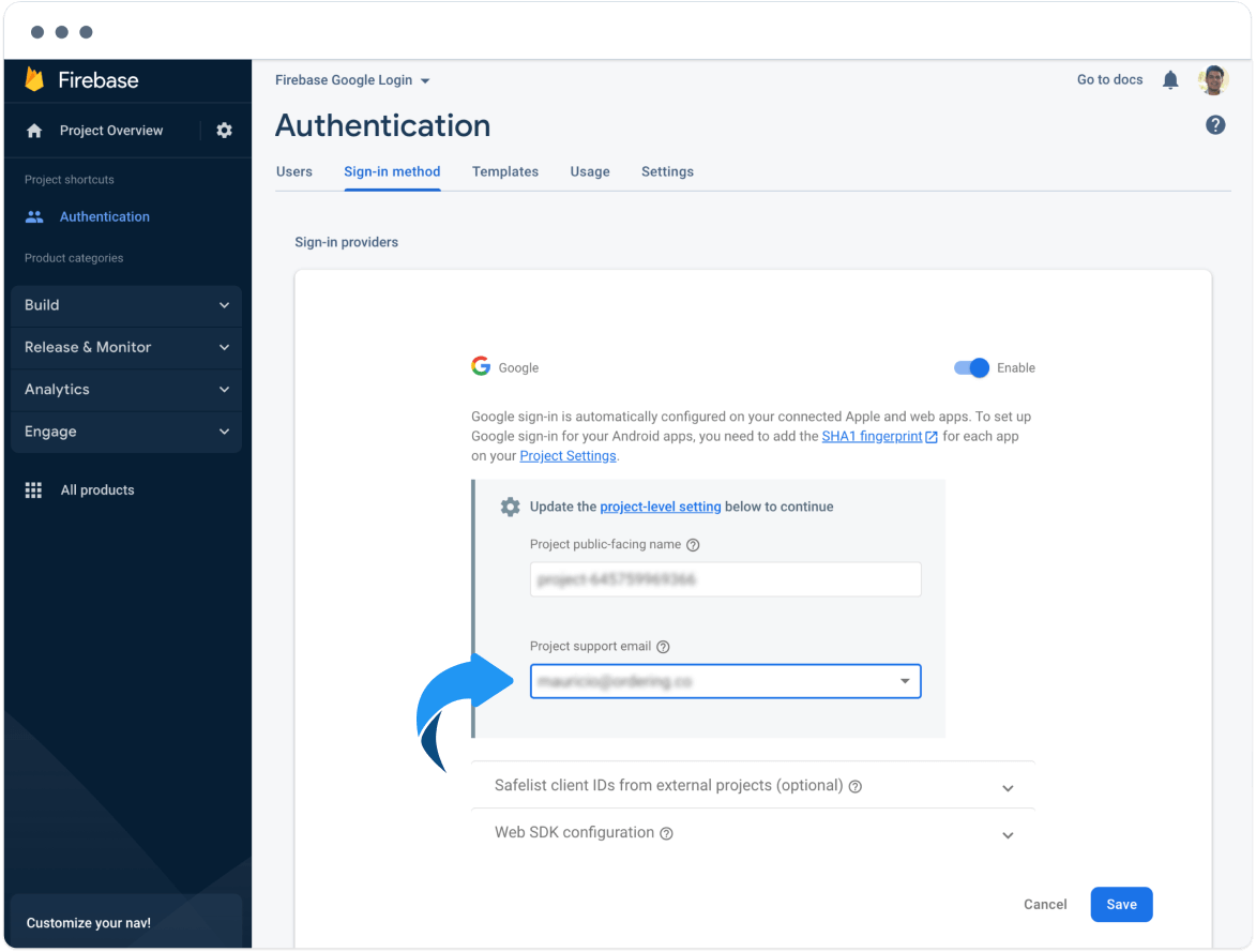 Google sign-in enabled with the support email