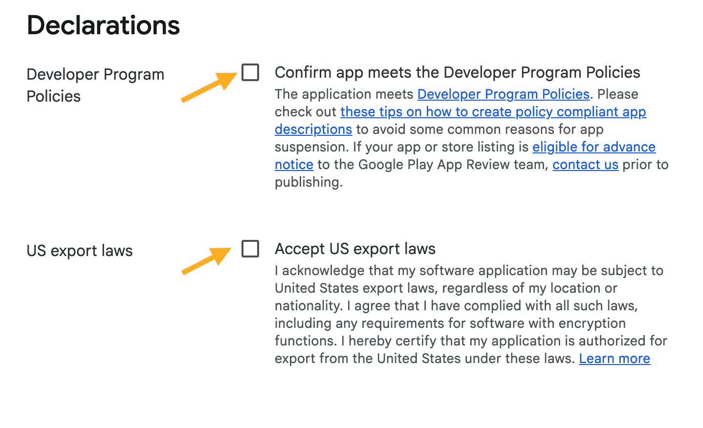 Confirm app policy and export declarations