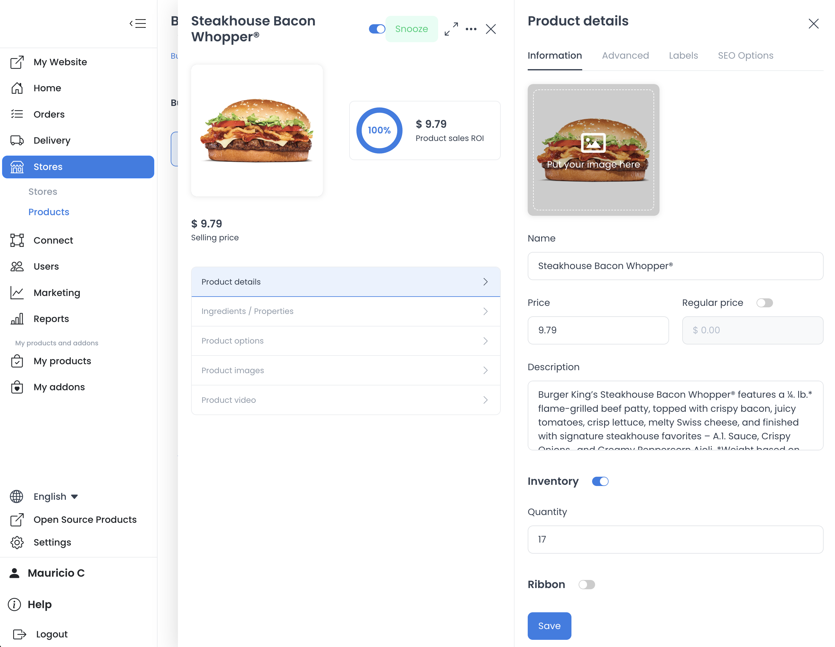 Product details Information tab with English product name and description fields