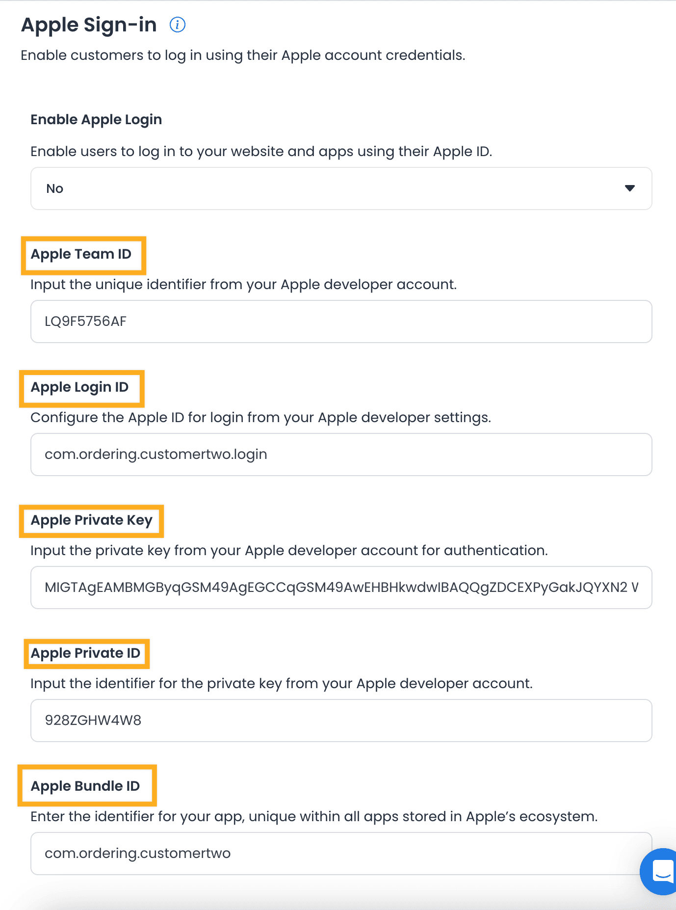 Apple Sign-in with Team ID, Login ID, Private Key, Private ID, and Bundle ID