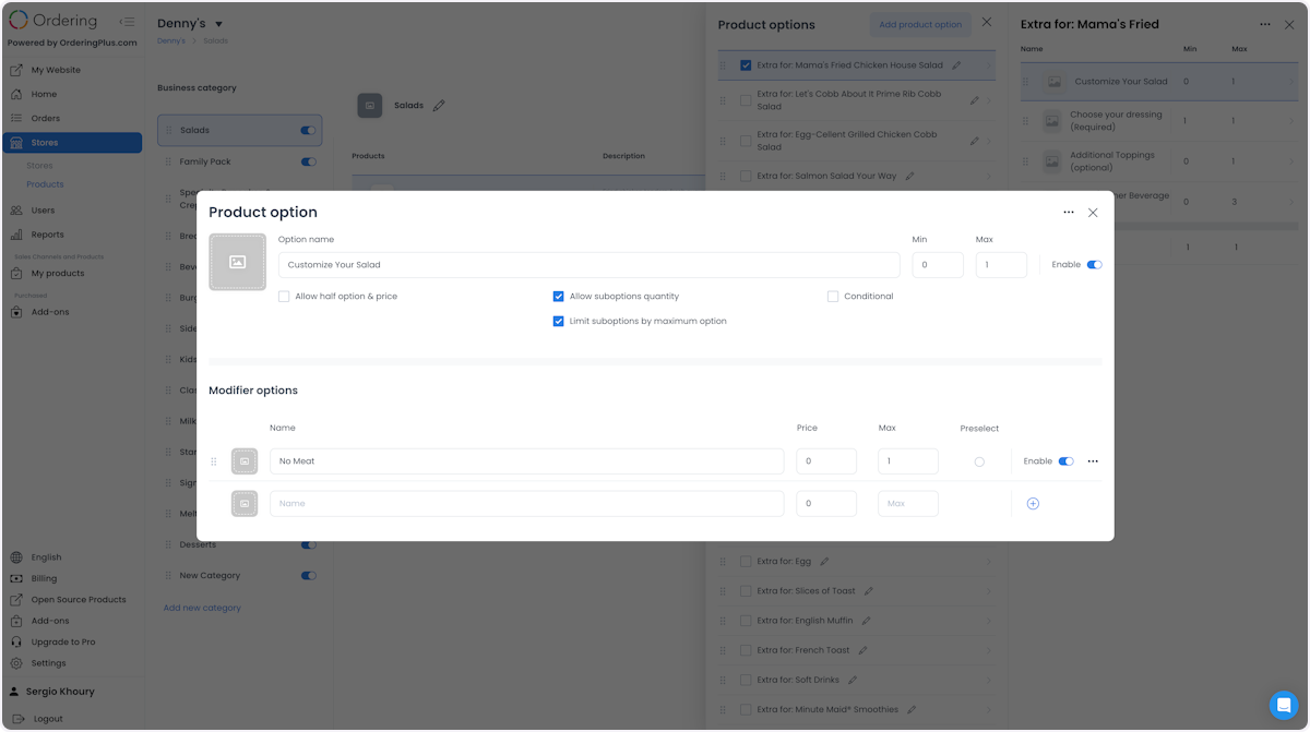 Product option editor with Allow suboptions quantity, Limit suboptions by maximum option, Conditional, and modifier-option controls