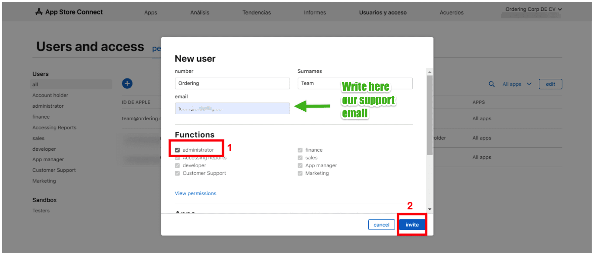 App Store Connect user details and role