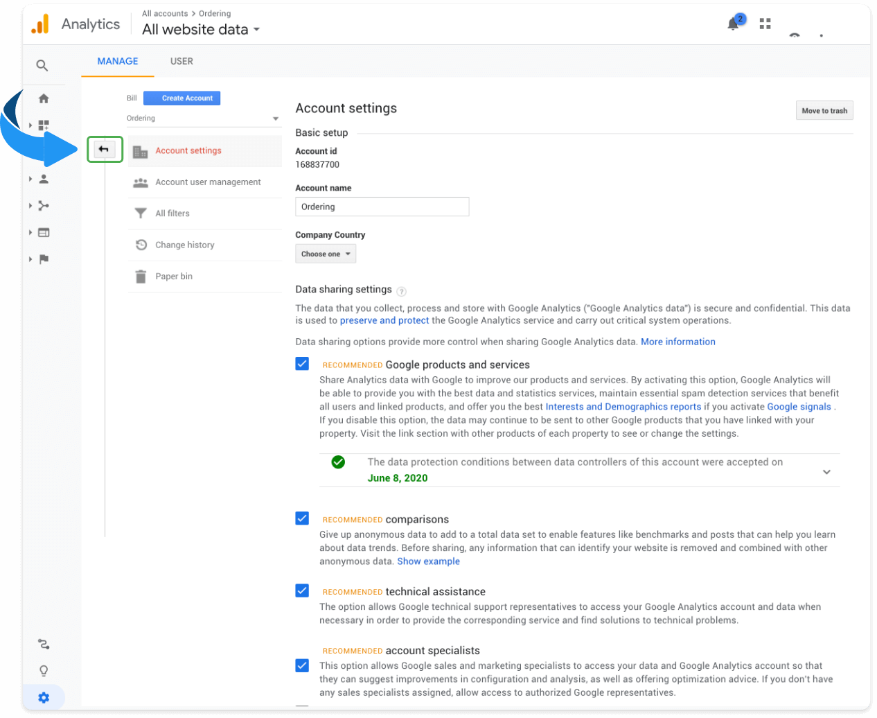 Google Analytics back control next to Account Settings