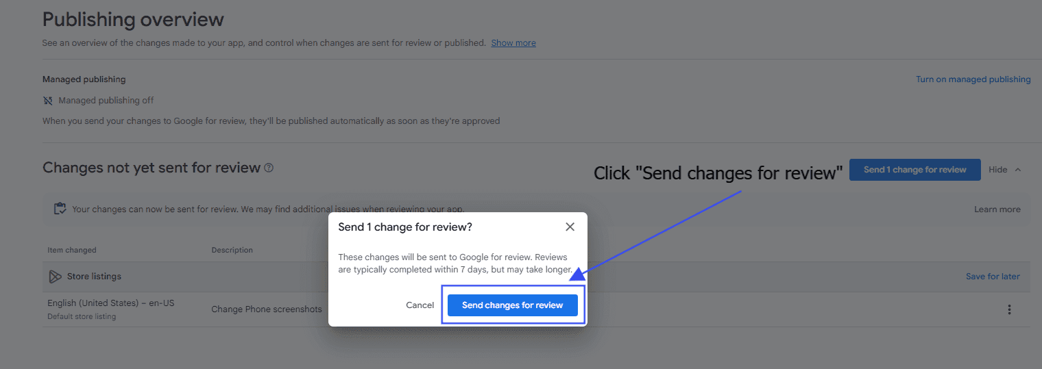 Send Google Play screenshot changes for review
