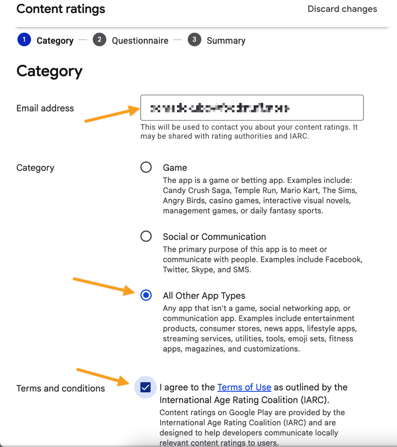 Start the content-rating questionnaire