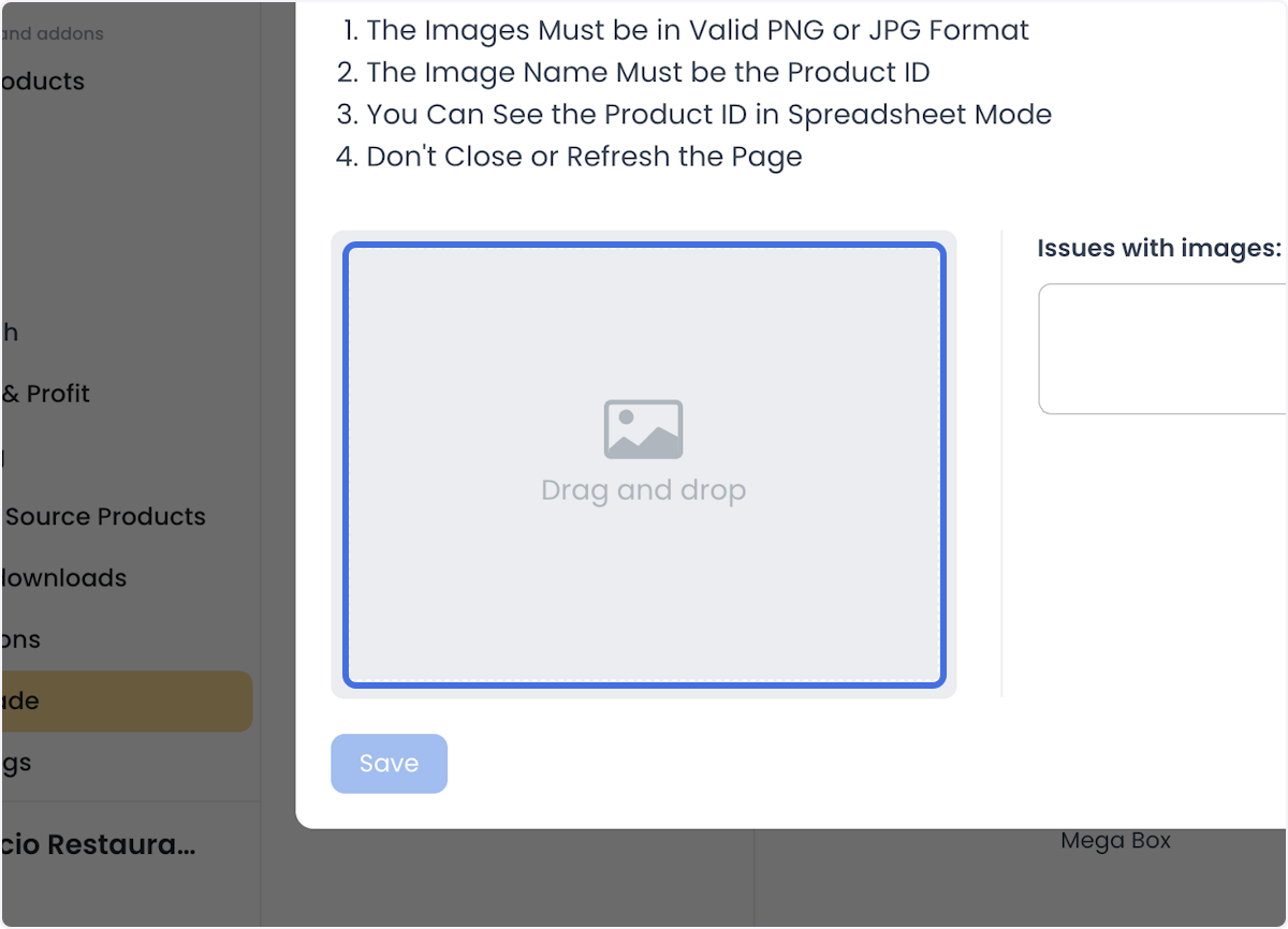 Upload Images in Batch dialog with a drag-and-drop area, Issues with images field, and Save button