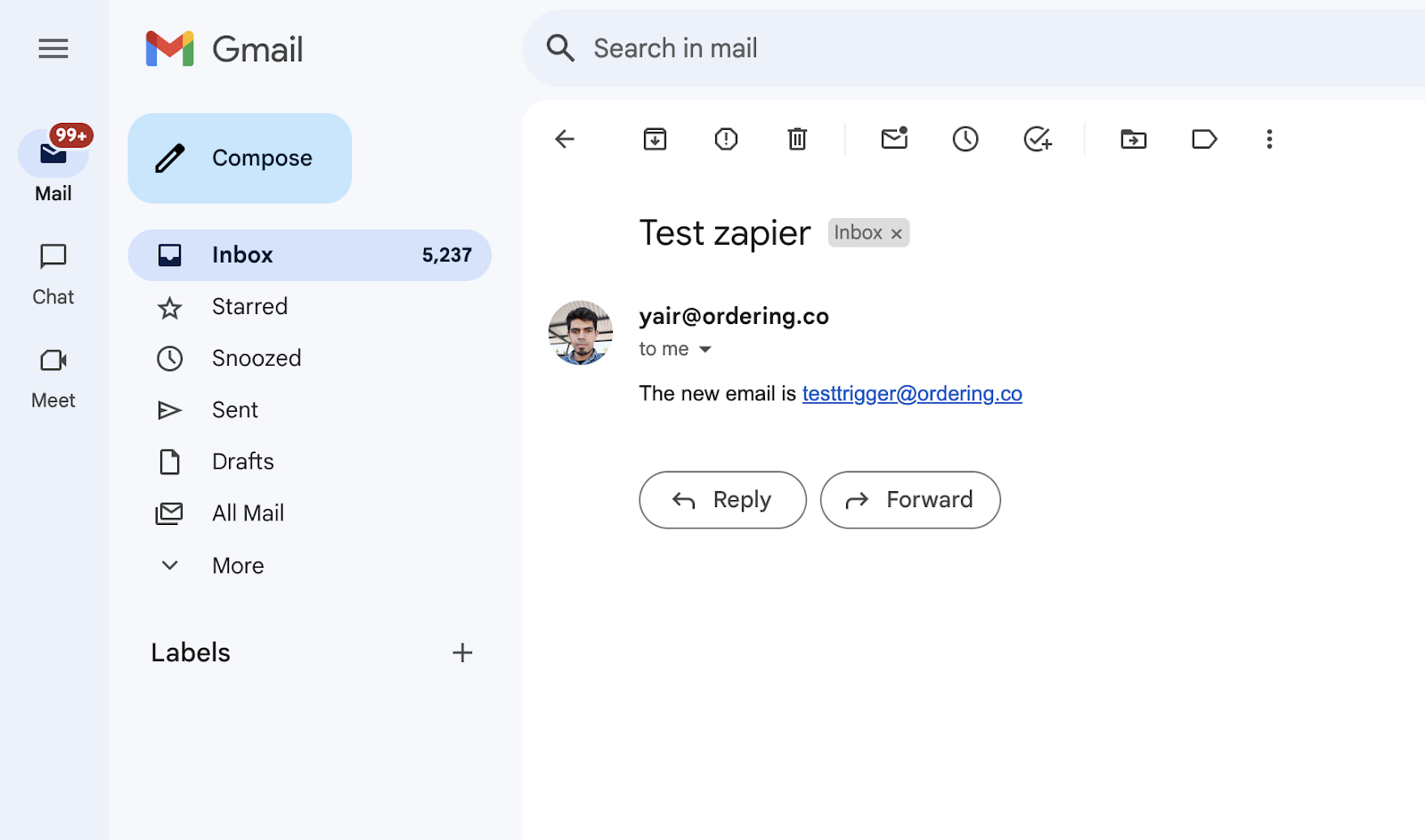 Gmail inbox showing the test email with the new user address