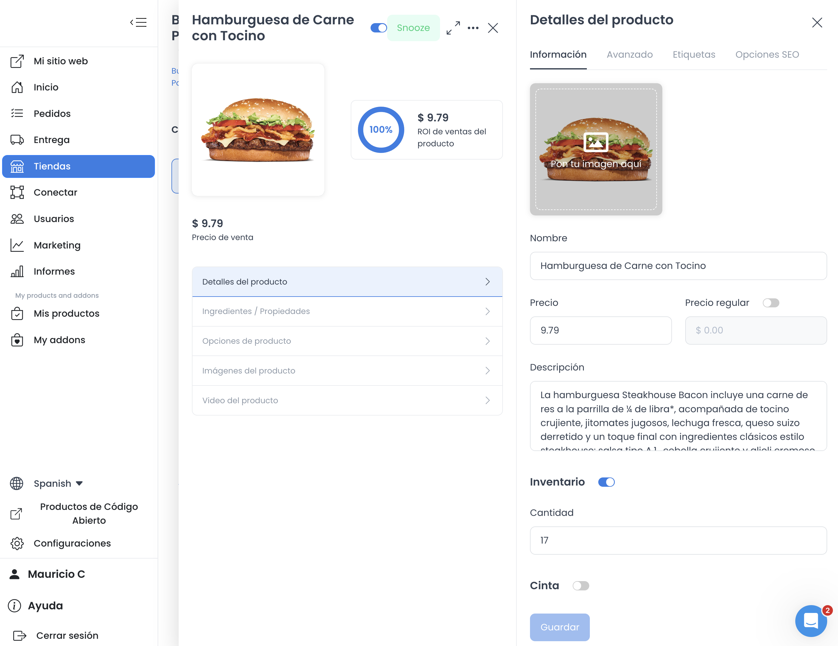 Product details Information tab in Spanish with translated product name and description fields