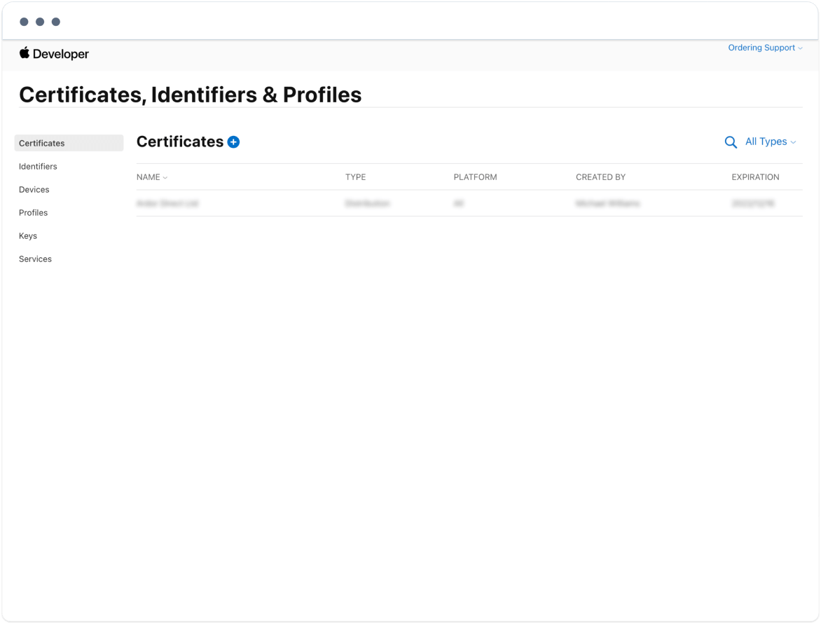 Certificates, Identifiers &amp; Profiles Identifiers list
