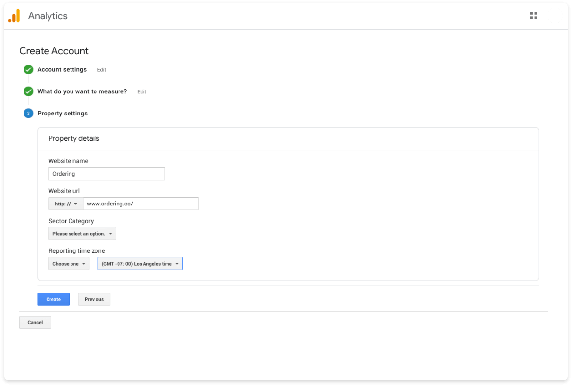 Google Analytics property name, industry, time zone, and currency