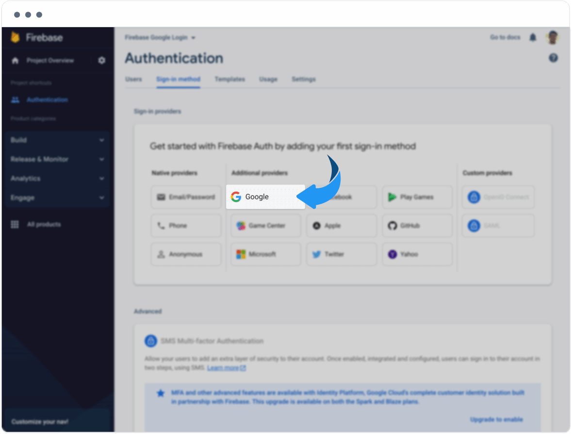 Google sign-in method in the provider list