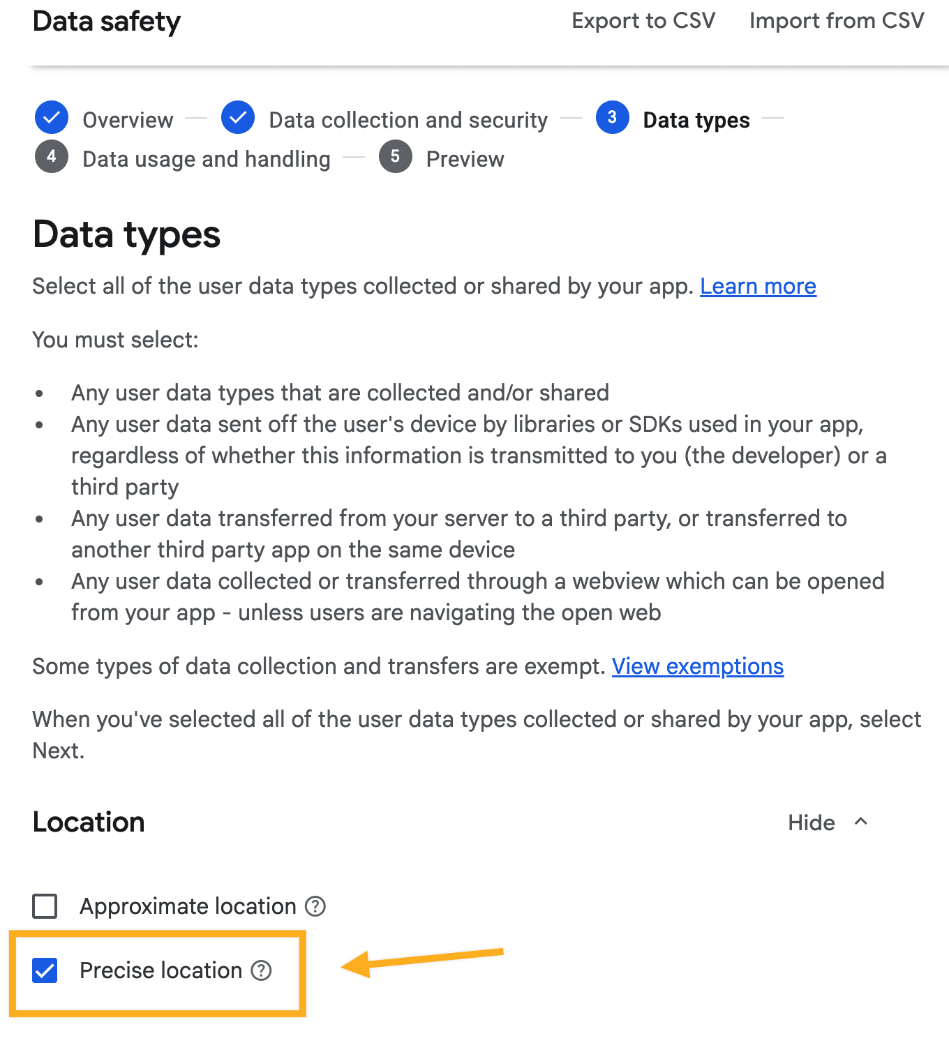 Declare precise location data