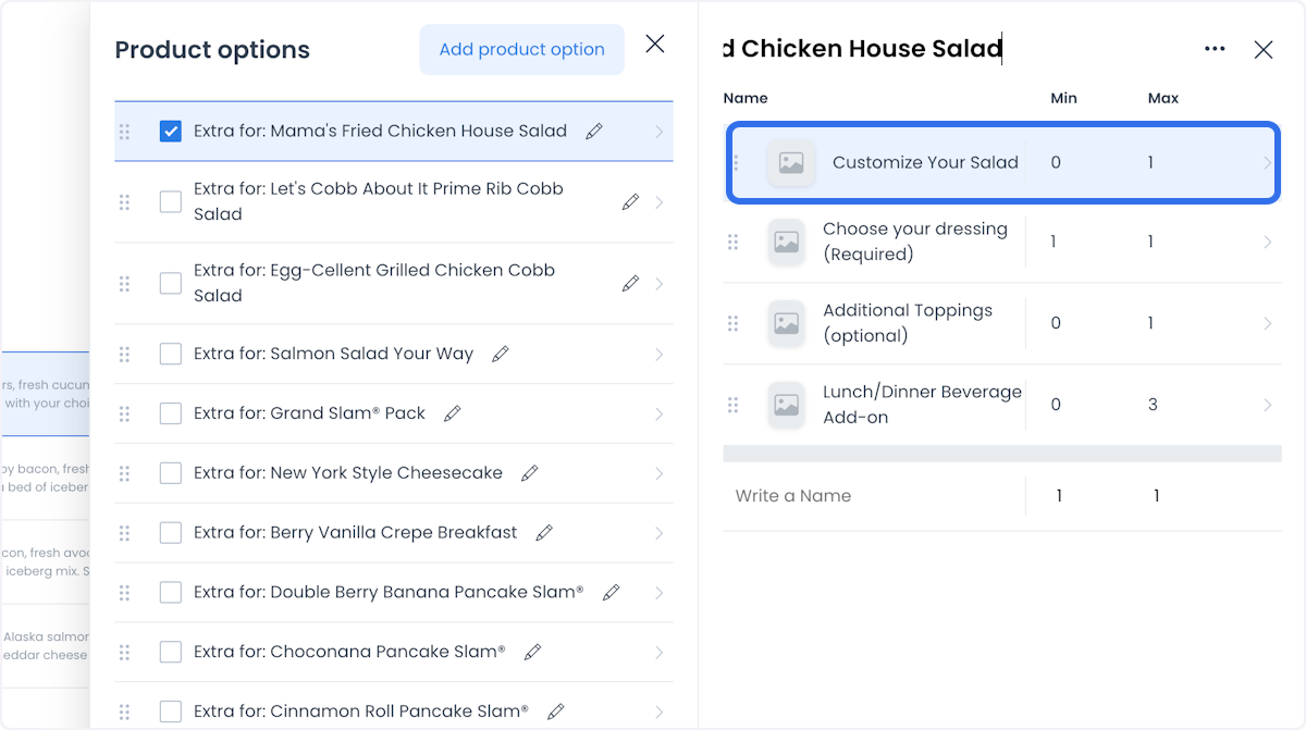 Product options editor with a selected option, modifier option rows, and Min and Max columns