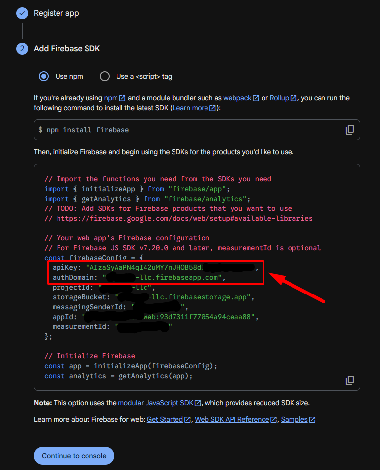 Firebase web app configuration with apiKey