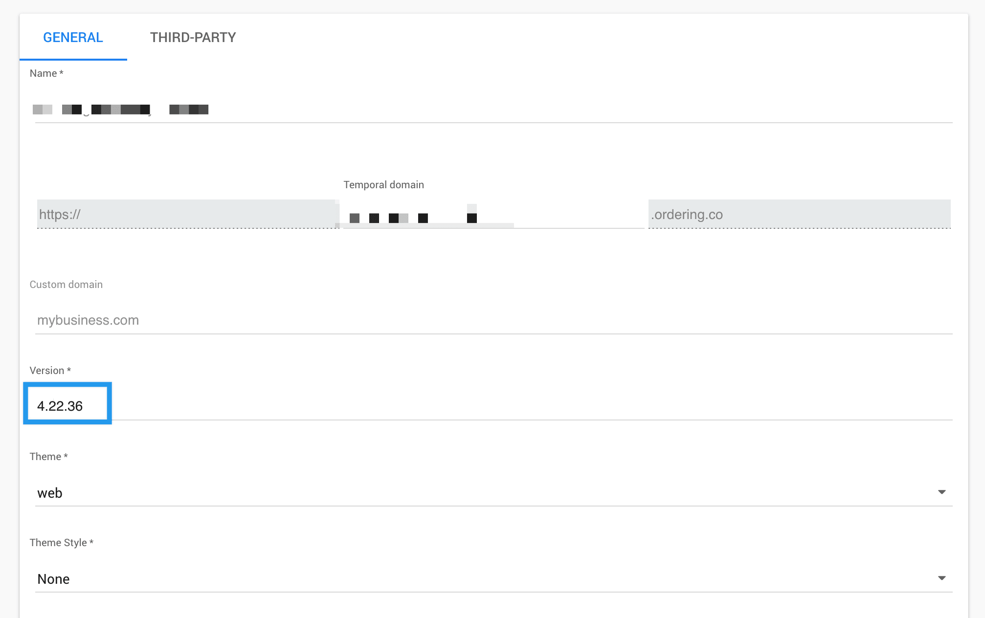 Website settings showing the Version field
