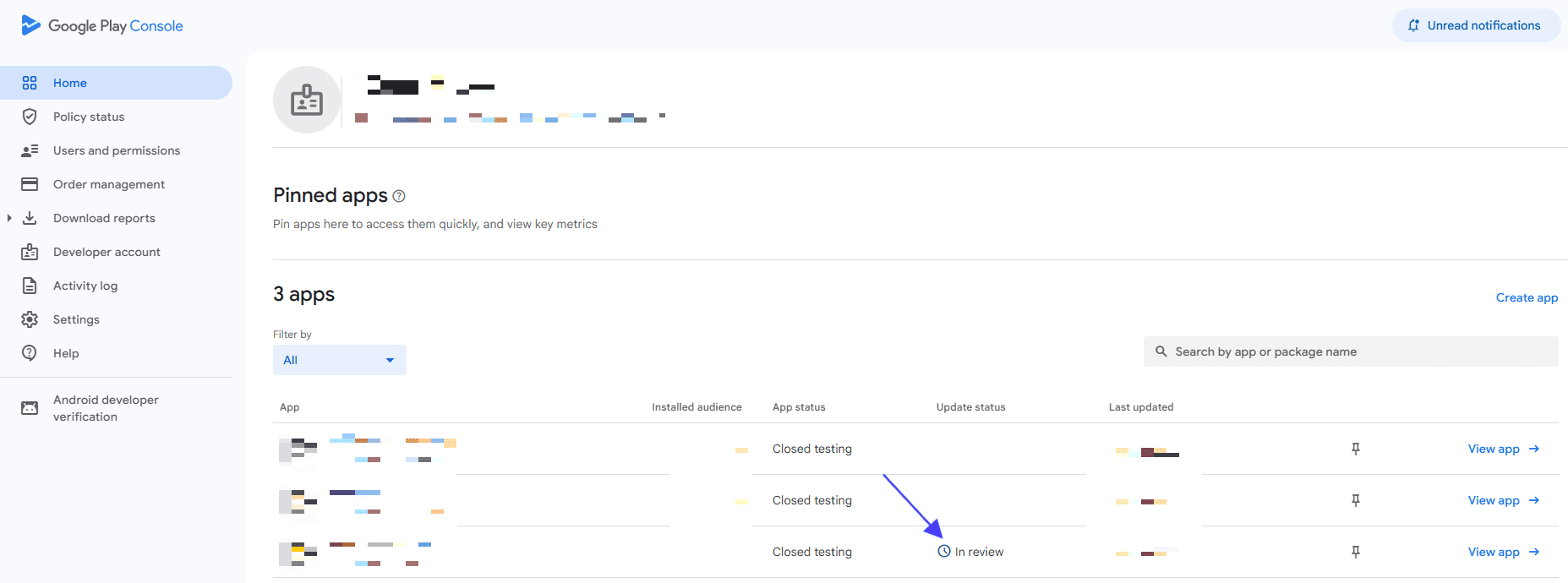 Closed-test publishing status