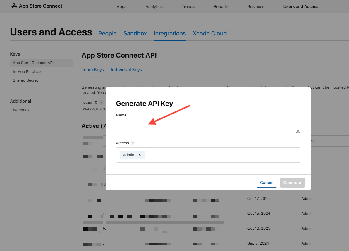 Name the App Store Connect API key