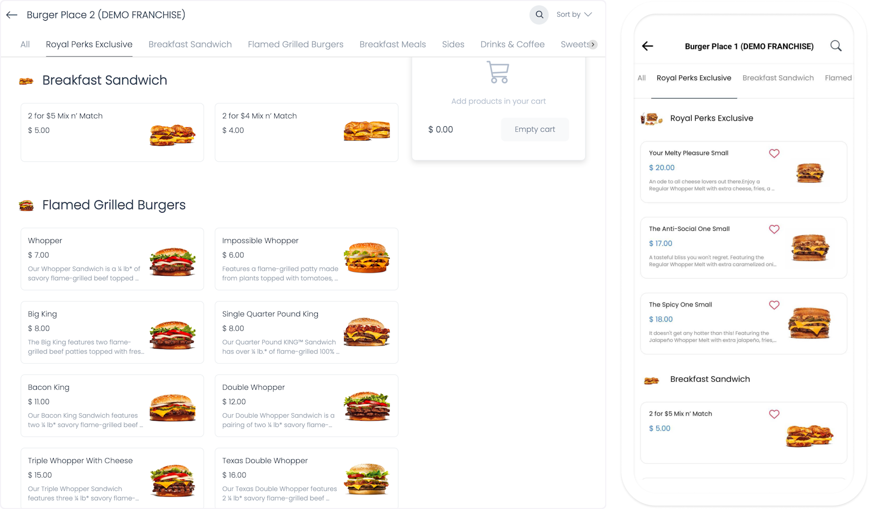 Business menu product selection