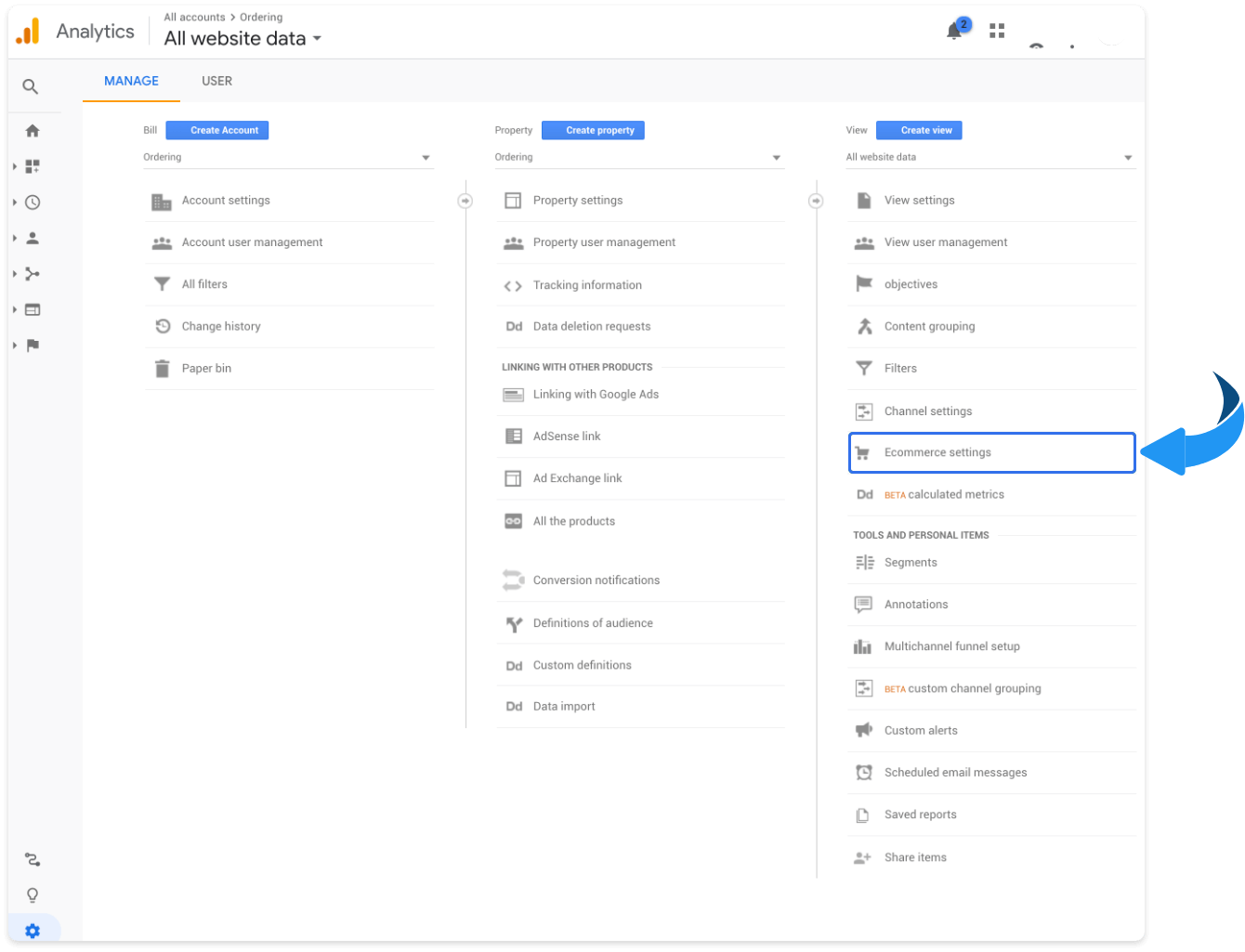Google Analytics View settings with e-commerce