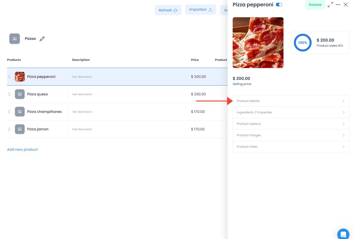Product list with Pizza pepperoni selected and the Product details panel open