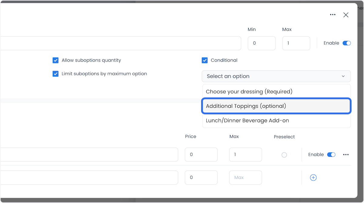 Conditional configuration with a related-option menu open and Additional Toppings selected