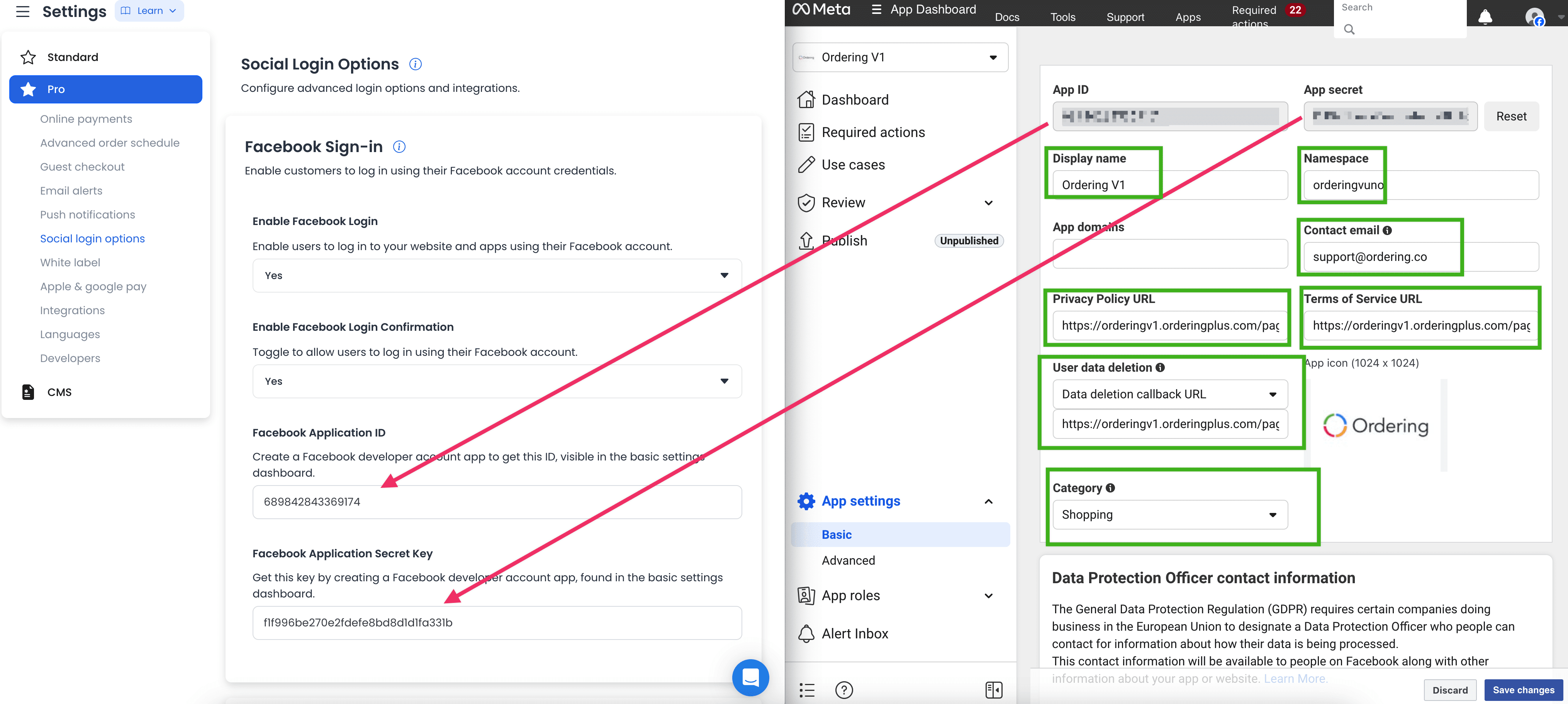 Facebook app settings with App ID, App secret, and required fields highlighted