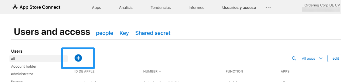 App Store Connect Add User control