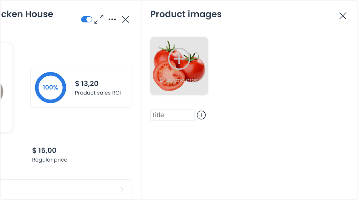 Product images panel with a tomato image in the drag-and-drop area and a Title field