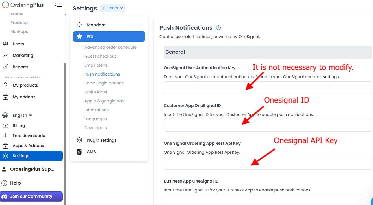 Dashboard Push notifications Customer App OneSignal ID and REST API key