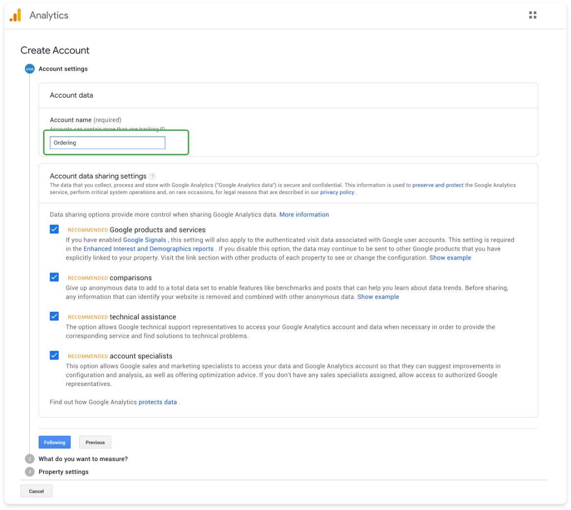Google Analytics account setup with account name