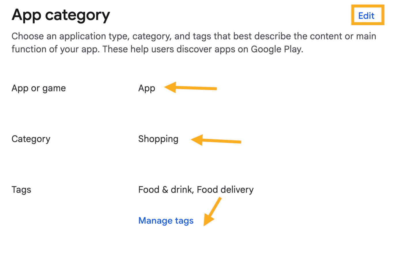 Select app category and tags