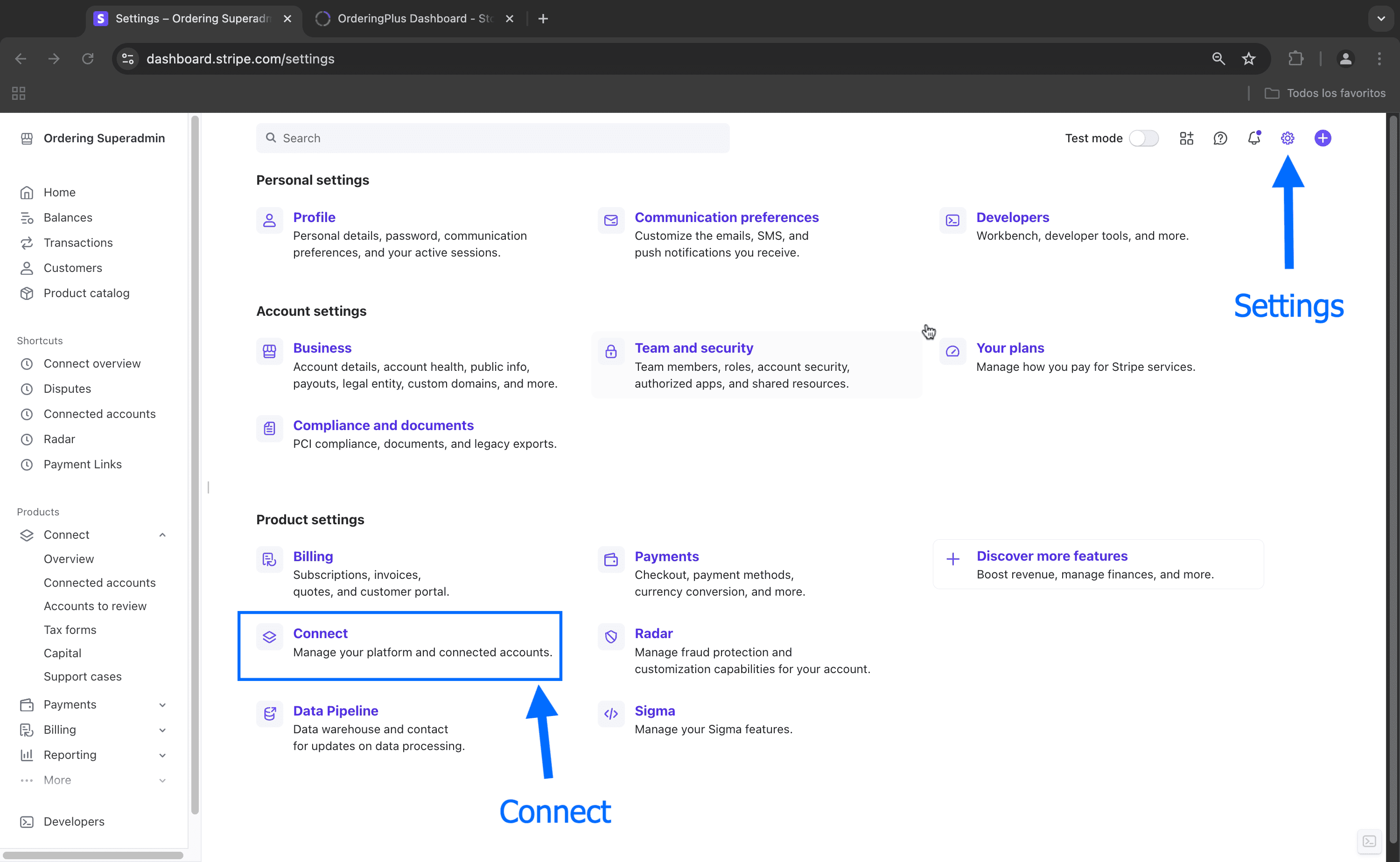 Stripe Connect settings