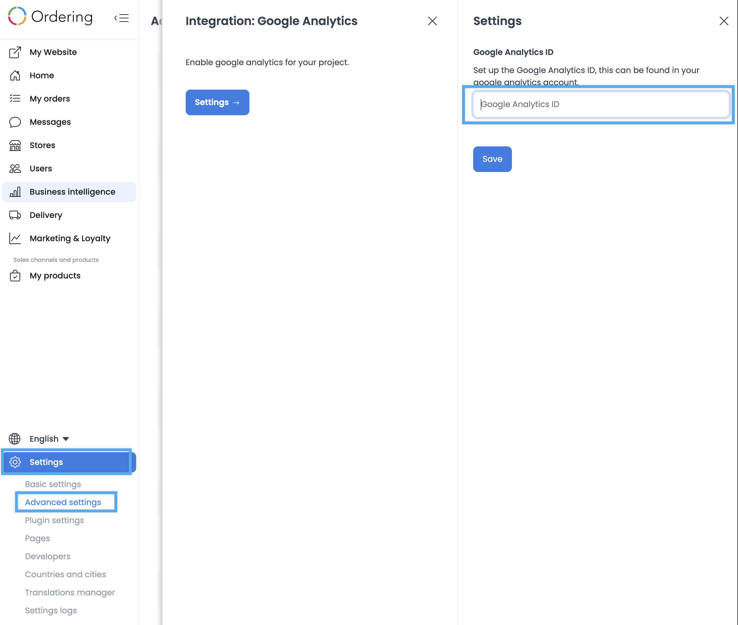 Advanced settings Integration Google Analytics ID and Save