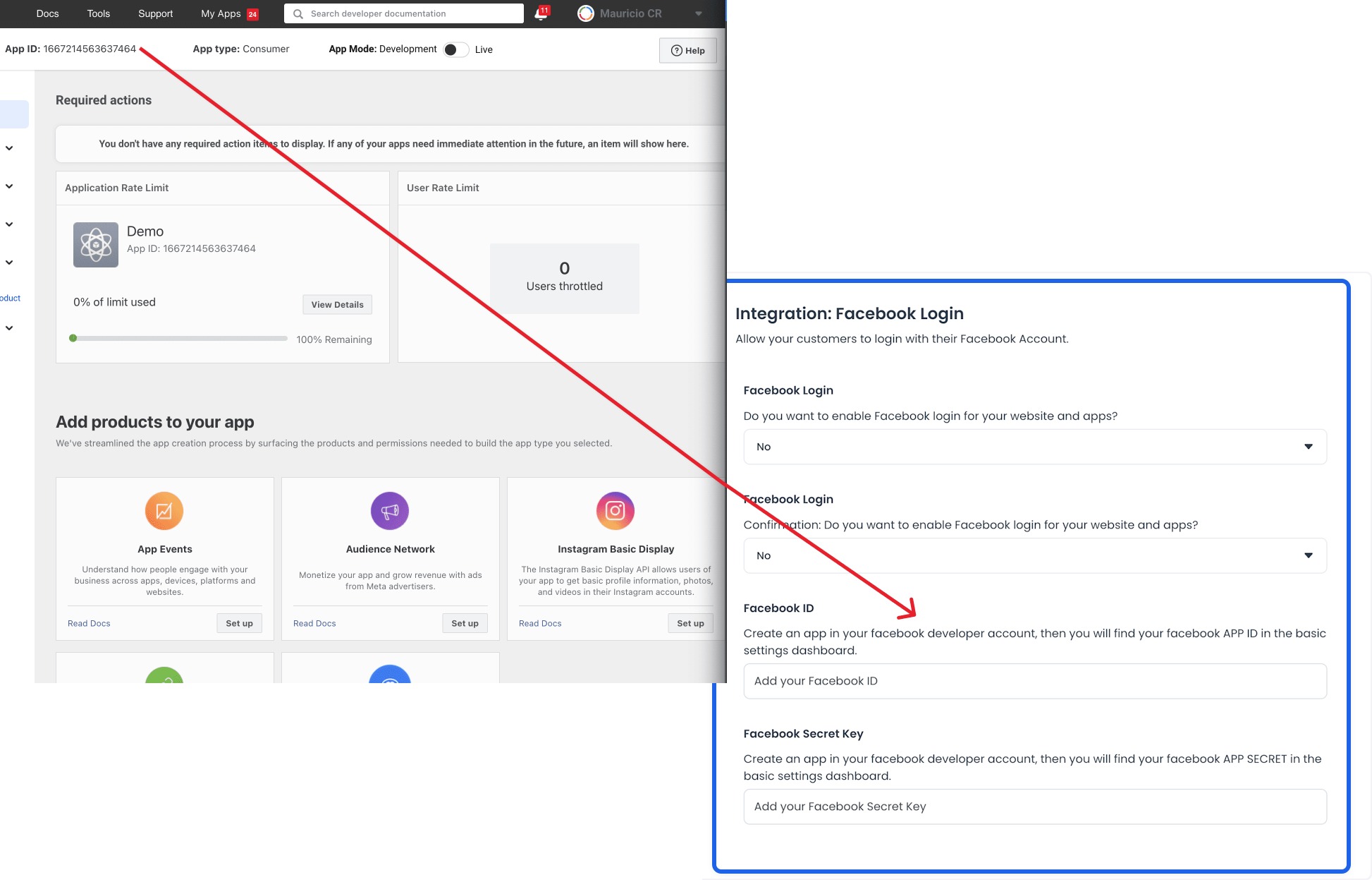 Facebook Application ID field in the Ordering.co Dashboard