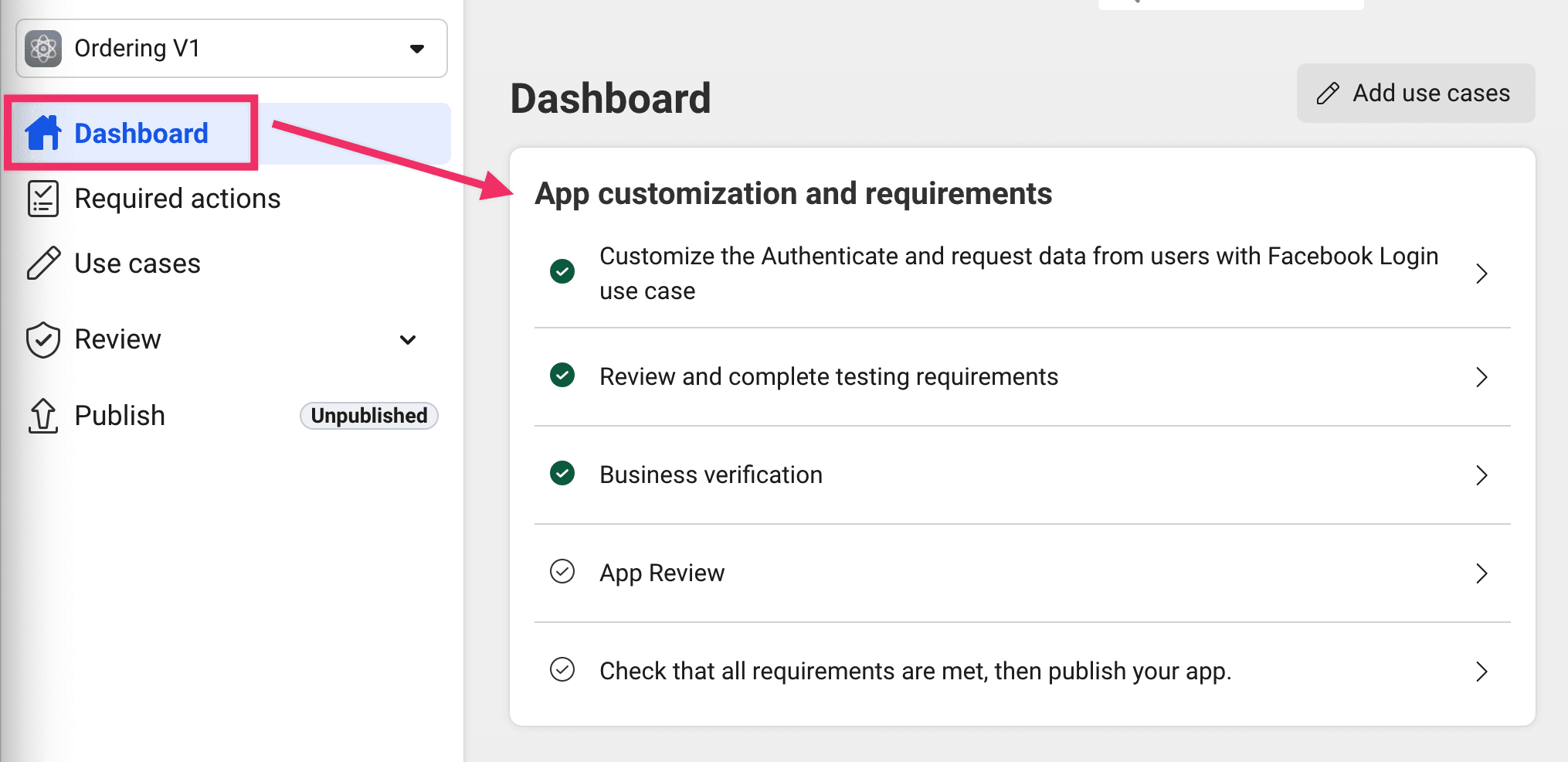 Facebook app dashboard checklist for the Facebook Login use case