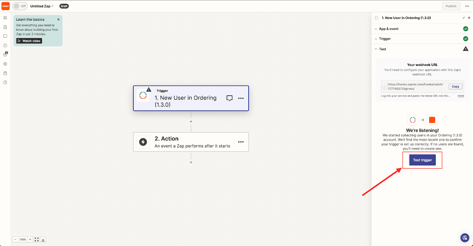 Zapier Test trigger waiting for a New User webhook