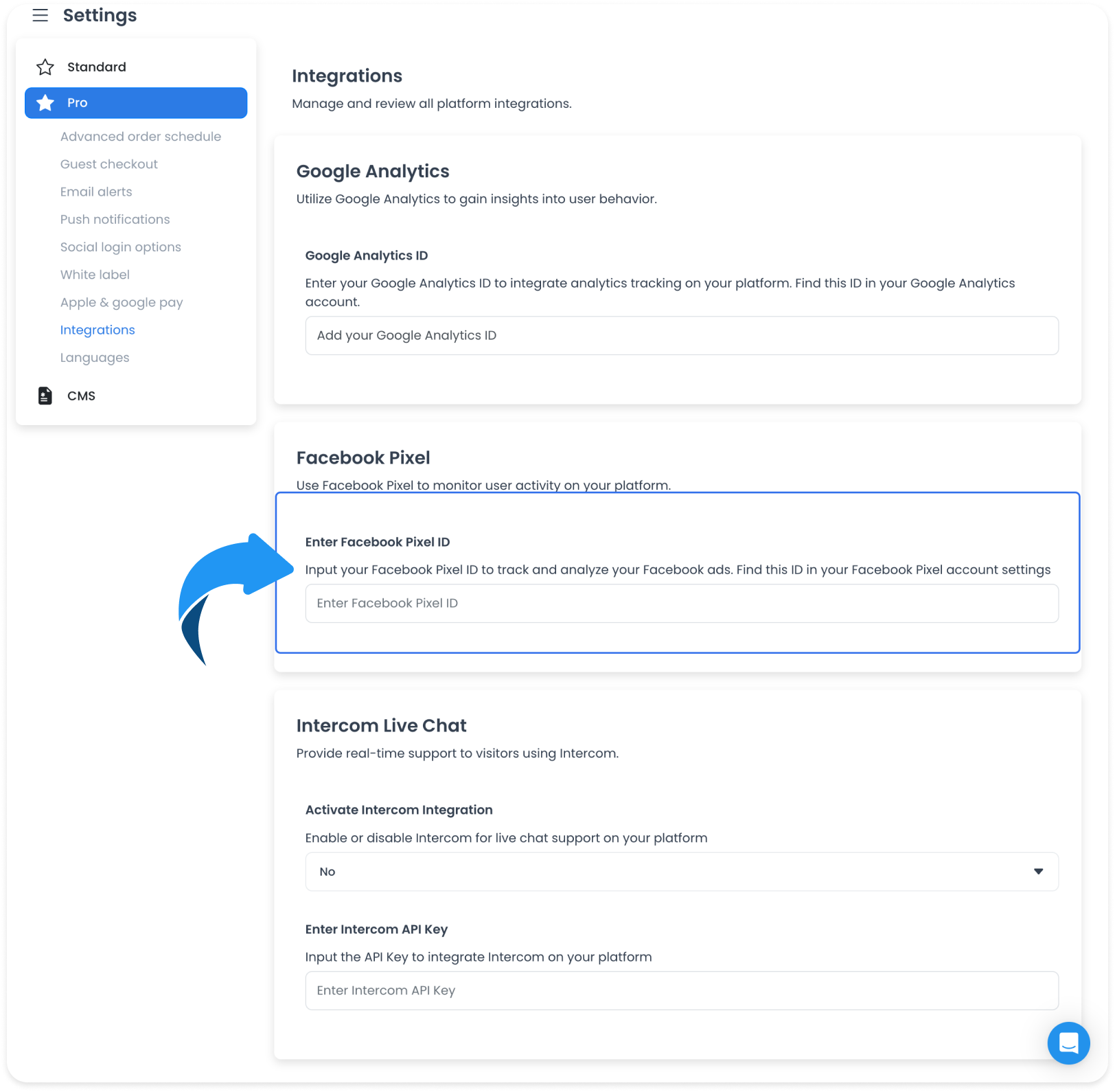 Facebook Pixel ID field on a later Integrations layout