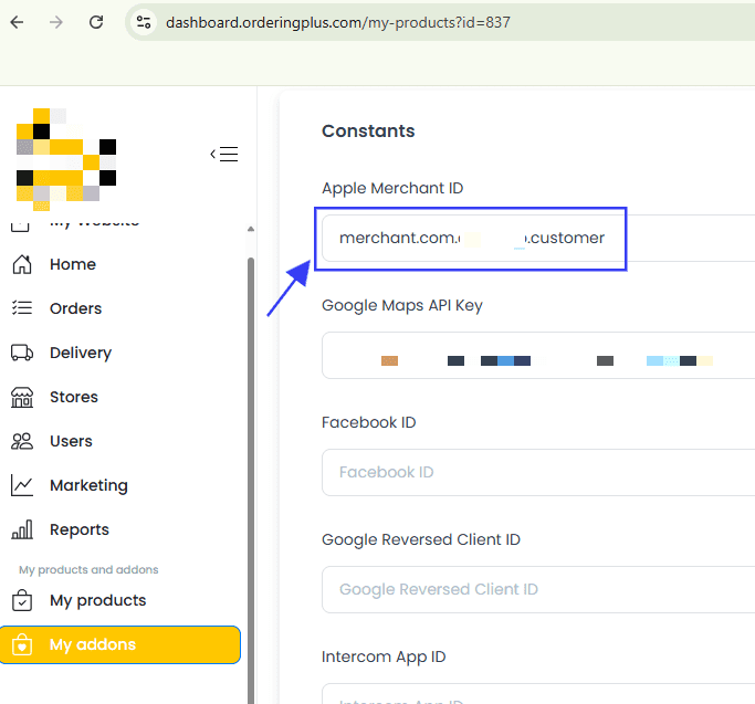 Add the Merchant ID in Dashboard