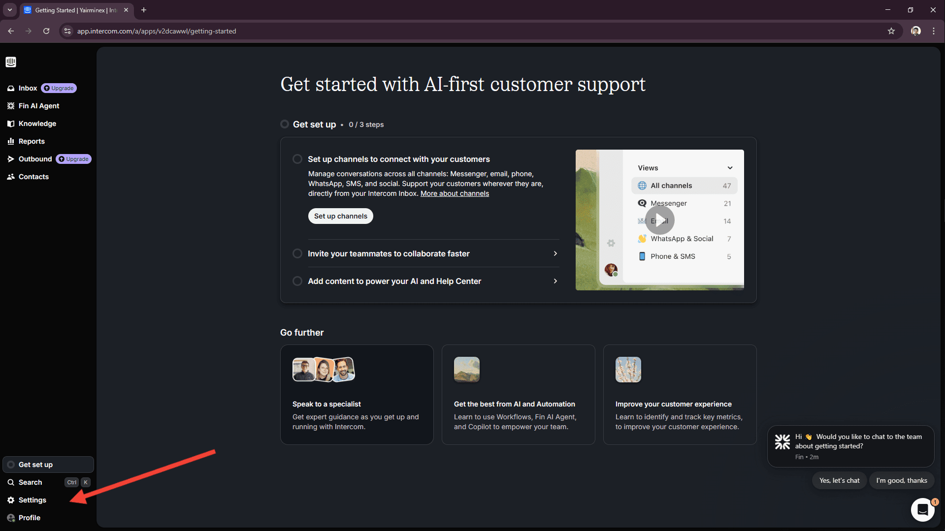 Intercom getting started screen with Settings in the lower left