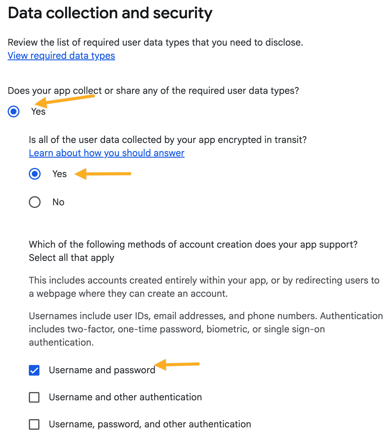 Declare data collection and account-creation methods